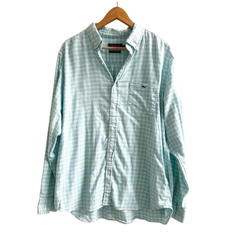 Vineyard Vines Classic Fit Collared Shirt Teal Blue Check Sz Large Cotton Linen